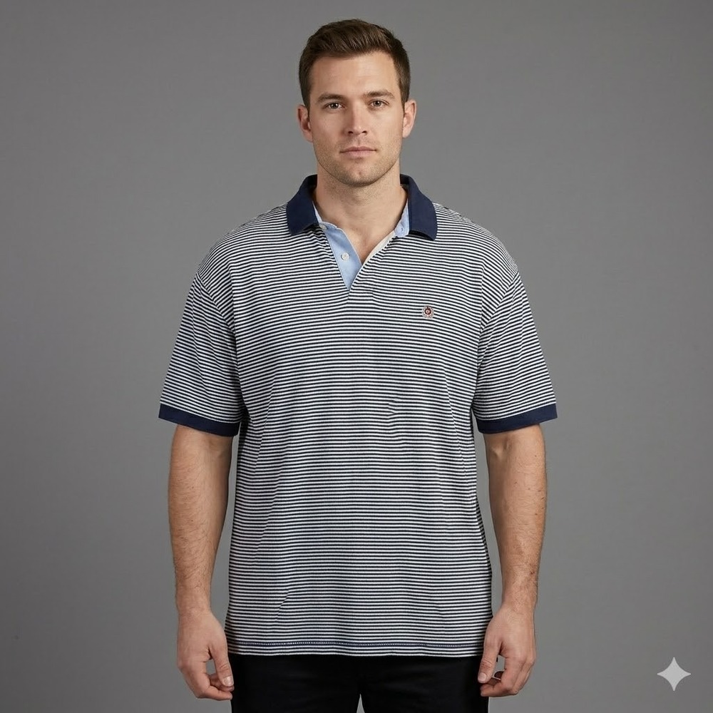 Tommy Hilfiger Striped Short Sleeve Polo Shirt Vintage Crest Size XL Navy White‎